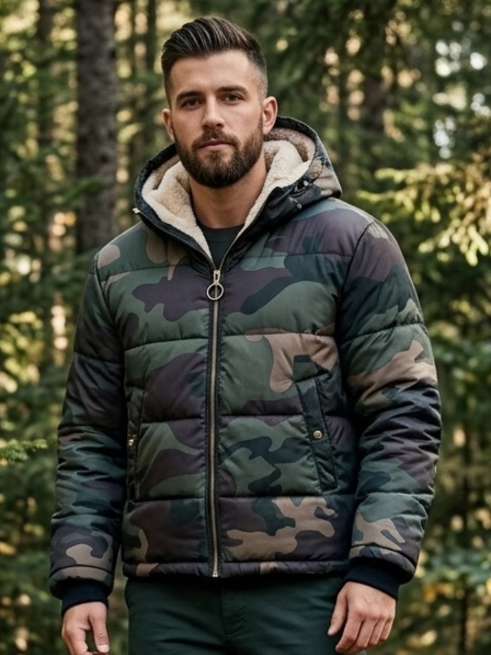 Pull & Bear Camo Puffer Jacket | Faux Fur Lined | Men’s Large